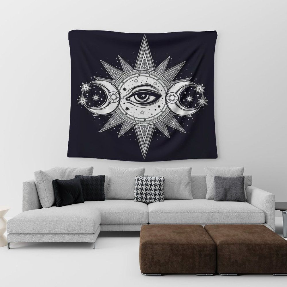 Black White Celestial All Seeing Eye Sun and Moons Wall Tapestry NEW